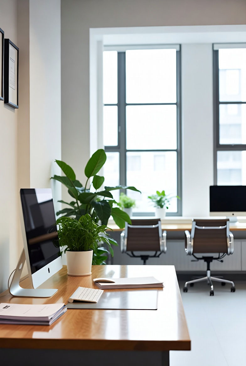 Clean office floor with organized workstations